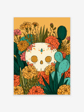 Calavera skull poster with marigolds, cacti, and teal accents on yellow background