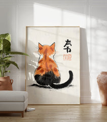 Calico cat poster in Japanese style, showing a cat from behind with orange and black fur, on a textured cream background with black calligraphy. - Image 3