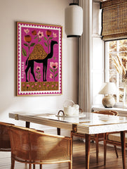 Stylized black camel with floral hump and pink flowers on a magenta background, designed as a perforated stamp print. - Image 3