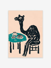 Whimsical black camel sitting at a teal table with cake and a cup, against a pale pink background