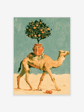 Camel carrying a potted orange tree on its back, surreal desert art print with teal sky