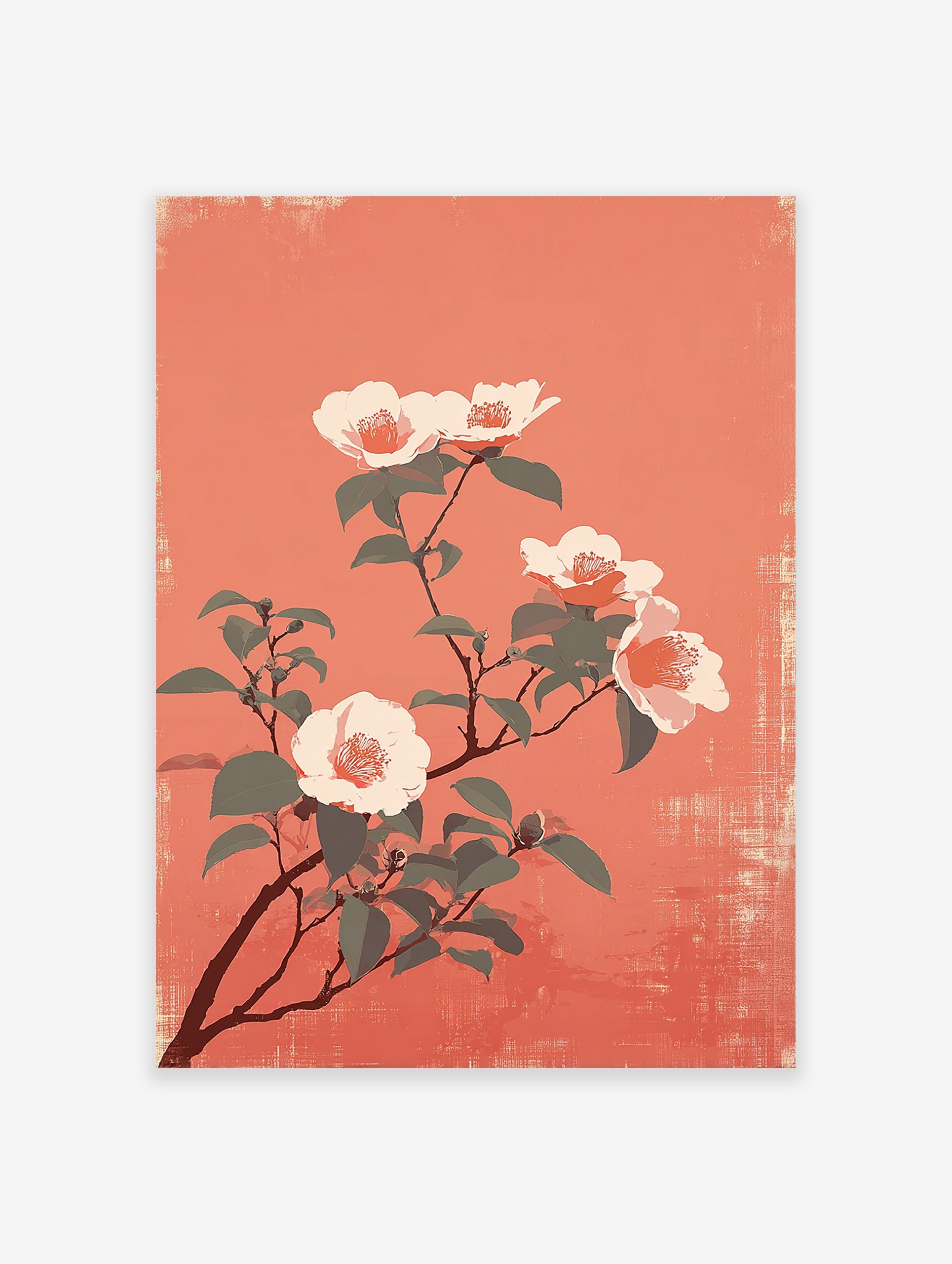 Japanese style camellia flower poster with white and pink blooms on a coral background with dark green leaves.