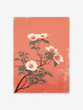 Japanese style camellia flower poster with white and pink blooms on a coral background with dark green leaves.