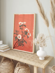 Japanese style camellia flower poster with white and pink blooms on a coral background with dark green leaves. - Image 4