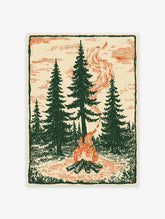Vintage illustration of a campfire burning brightly in a forest with tall pine trees, surrounded by nature and smoke.
