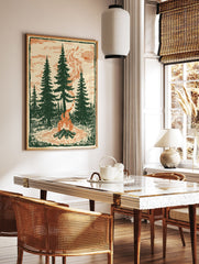 Vintage illustration of a campfire burning brightly in a forest with tall pine trees, surrounded by nature and smoke. - Image 3