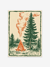 Vintage illustration of a campfire in a forest with pine trees and a tent. Campfire wall art for nature lovers.