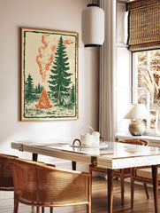 Vintage illustration of a campfire in a forest with pine trees and a tent. Campfire wall art for nature lovers. - Image 3