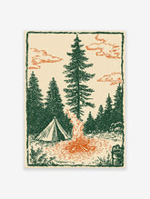 Illustrated camping art print with a tent, bonfire, and pine trees under an orange cloudy sky.