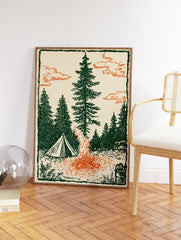 Illustrated camping art print with a tent, bonfire, and pine trees under an orange cloudy sky. - Image 2