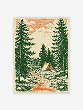 Vintage camping forest art print with green pine trees, an orange path, a lake, and a tent in an illustrative style.