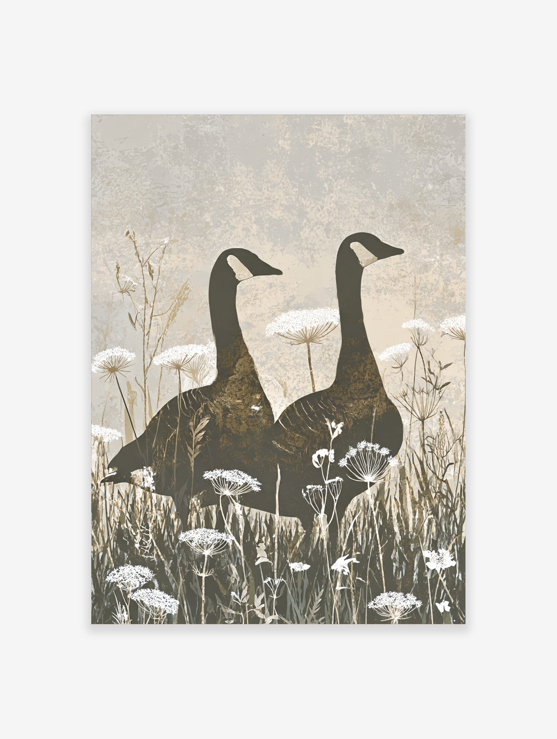 Two Canada geese silhouettes stand in a field of white Queen Anne's Lace flowers, earthy tones art print