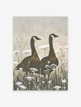 Two Canada geese silhouettes stand in a field of white Queen Anne's Lace flowers, earthy tones art print