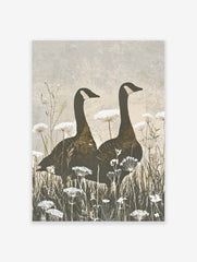 Two Canada geese silhouettes stand in a field of white Queen Anne's Lace flowers, earthy tones art print