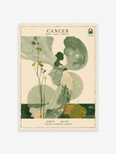 Cancer zodiac poster with green watercolour woman silhouette, lotus leaves, crab icon, and text