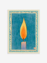 Illustrative candle flame art print with a glowing orange flame, blue candle, and decorative blue border on a cream background.