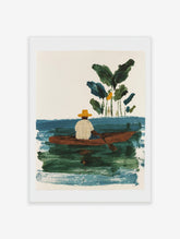 Painterly art print of a person in a straw hat paddling a brown canoe on blue water with green foliage