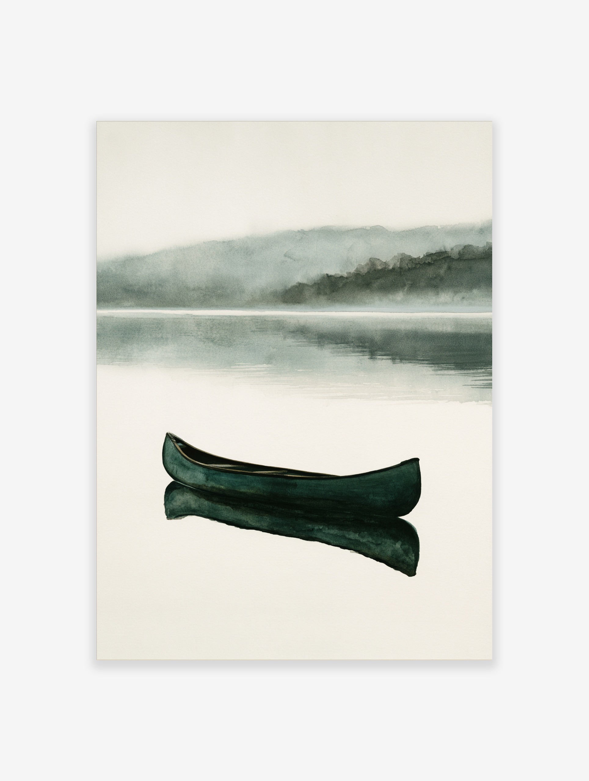 Dark green canoe floating on a calm, misty lake with reflection, minimalist watercolor landscape art print