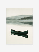 Dark green canoe floating on a calm, misty lake with reflection, minimalist watercolor landscape art print