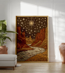 Canyon Night Sky poster showing a river flowing through a desert canyon under a dark sky filled with many stars and one large bright star. - Image 3