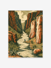 Canyon river wall art with red rock cliffs and desert plants, illustrative landscape print