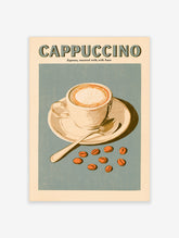 Cappuccino poster with retro typography, coffee cup, saucer, spoon, and coffee beans on blue background