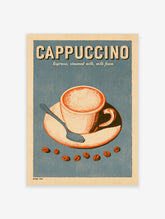 Retro Cappuccino poster with cup, spoon and coffee beans on blue background