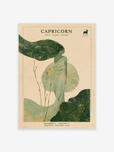 Capricorn zodiac poster with draped figure, green flowing hair, sea goat icon, and text on beige background