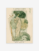 Capricorn zodiac art print with green-haired figure, sea goat, and dates December 22 to January 19