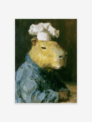 Oil painting style print of a capybara wearing a chef's hat and blue uniform against a dark background