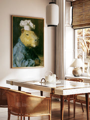 Oil painting style print of a capybara wearing a chef's hat and blue uniform against a dark, in a styled room mockup