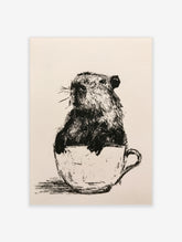 Detailed ink illustration of a capybara sitting inside a teacup, black and white artistic wall art print