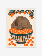 Illustration of a capybara sitting inside a bowl of oranges with citrus branches above on a cream background