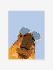Stylised capybara illustration wearing blue-tinted sunglasses against a light blue background