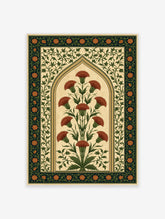 Red carnation botanical poster with green leaves in a pointed arch and navy floral border