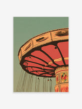 Vintage carousel swing ride poster with red canopy, cream panels, hanging chains, teal sky