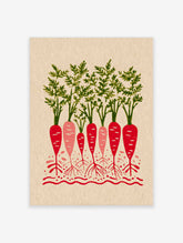 Red and pink carrots with green leaves in soil illustration on beige background