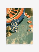 Retro casino roulette wheel art print with blue poker chips on green baize