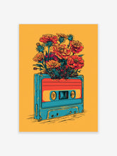 Retro cassette tape with vibrant orange and red flowers bursting from the top, illustrative art print on orange background