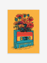 Retro cassette tape with vibrant orange and red flowers bursting from the top, illustrative art print on orange background