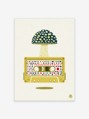 Retro cassette tape illustration with a large patterned mushroom cap growing out of it, yellow and blue colours