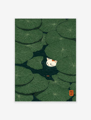 Cat & Lily Pad Poster featuring a white cat peeking from green lily pads in a dark pond with a small orange fish.