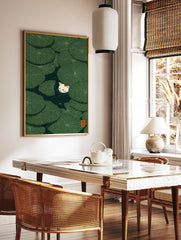Cat & Lily Pad Poster featuring a white cat peeking from green lily pads in a dark pond with a small orange fish. - Image 2