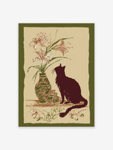 Vintage style illustration of a black cat silhouette looking at a vase of lilies and decorative pots on a beige background.