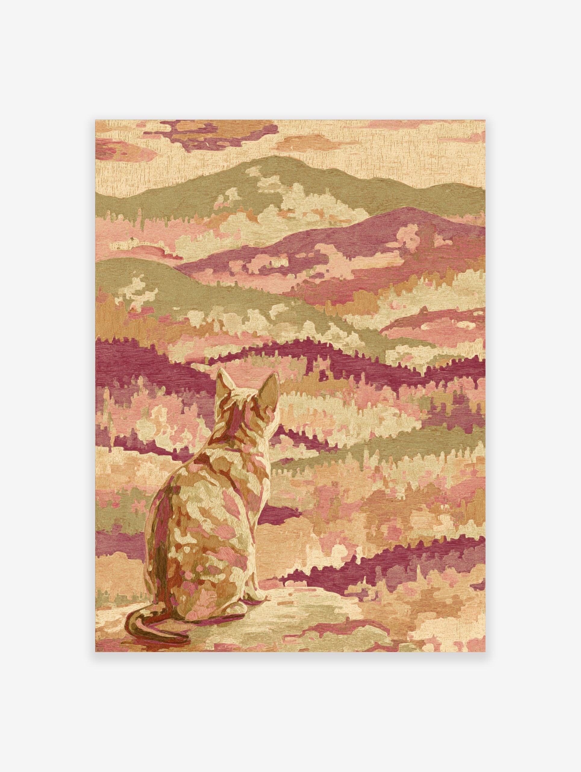 Stylised cat looking at a layered mountain landscape print with tapestry texture in pink, green, and earth tones