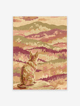 Stylised cat looking at a layered mountain landscape print with tapestry texture in pink, green, and earth tones