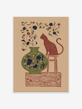 Illustrated cat and vase botanical art print featuring a red cat, green vase, and blue/red flowers on a tan background.
