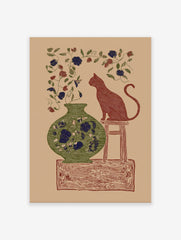 Illustrated cat and vase botanical art print featuring a red cat, green vase, and blue/red flowers on a tan background.