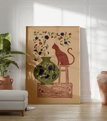 Illustrated cat and vase botanical art print featuring a red cat, green vase, and blue/red flowers on a tan background. - Image 3