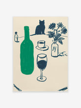 Minimalist Cat & Wine Still Life Wall Art featuring a green bottle, wine glass, cat silhouette, and blue flowers.